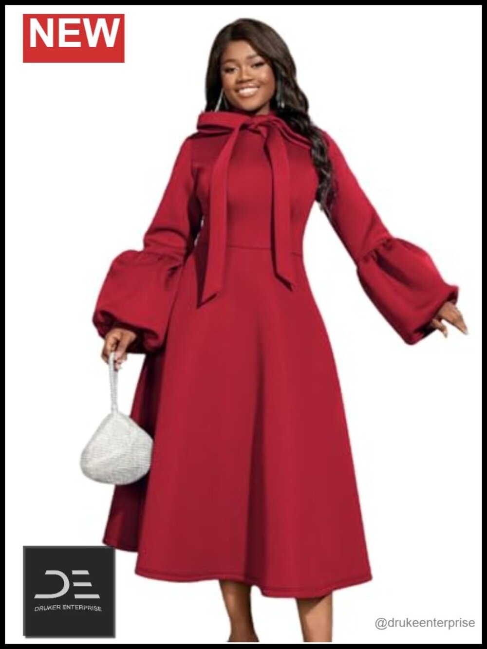 Women's Bowtie Neck Lantern Sleeve A-Line Midi Dress High Waist